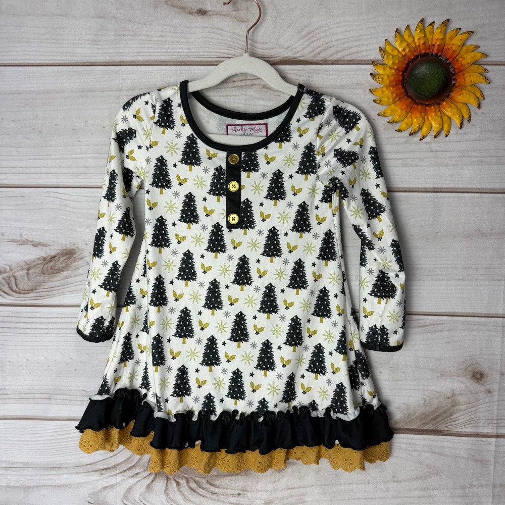 Cheeky Plum Clothing Girls 3T Christmas Tree Snowflake Long Sleeve Tunic Dress‎
